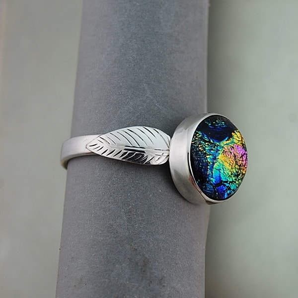 sterling silver thick ring band, dichroic glass cabochon with side feathers 