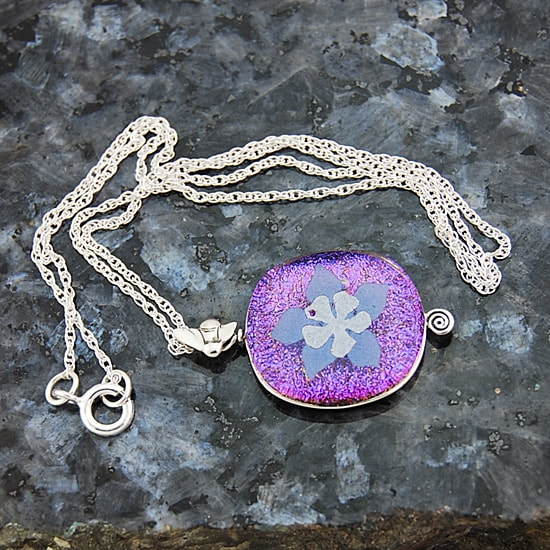magenta dichroic glass and sterling silver handmade pendant
