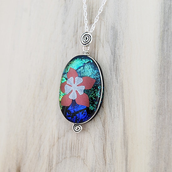 wire wrapped sterling silver and dichroic glass flower pendant spiral bail chain