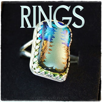handcrafted dichroic glass and sterling silver rings Silvertree Jewelry