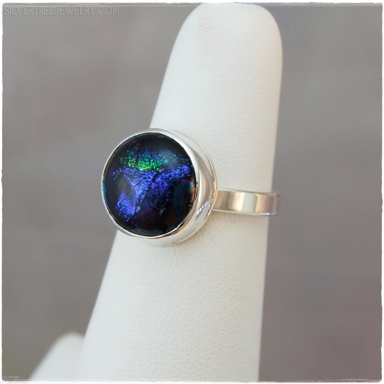 104-8766: Dark Blue Radium Dichroic Glass and Sterling Silver Ring Size 5